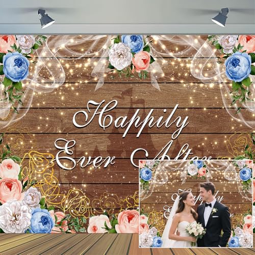 7 x 5 ft Happily Ever After Backdrop Castle Princess Boho Wood Floral Wedding Party Background White Blue Golden Rose Bridal Shower Retirement Party Decorations Banner Photo Props - color: Brown Blue, size: 7x5ft