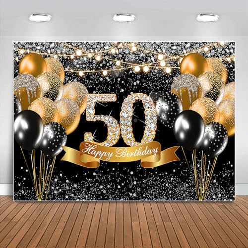 Sensfun 50th Birthday Backdrop Black Gold Birthday Party Decorations Glitter Balloons Photography Background for Women Men Happy Fabulous 50th Bday Supplies Fifty Years Old Photo Booth Banner 10x6.5ft - color: Black and Gold Diamond 50 Birthday, size: 10X