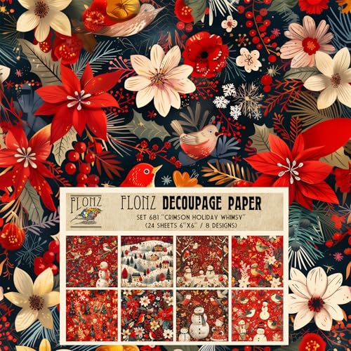 Decoupage Paper Pack (24 Sheets 6"x6") Crimson Holiday Whimsy ~ Bright red Festive Scenes with Snowmen, Houses and Birds in Digital Naive Folk-Art Style - color: Seven
