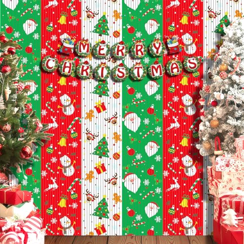 OQOQ Christmas Party Decor Backdrops Kit, 2 Pcs Red Green White Tinsel Foil Fringe Curtains & 1 Set Paper Banner, Large Christmas Photo Booth Props Friendmas Party Supplies - color: Green Red White Christmas