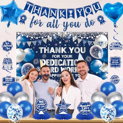 Vlipoeasn We Appreciate You Banner Decorations, Blue Silver Thank You for All You Do Backdrop Banner Honeycomb Centerpieces, Retirement Office Decor Staff Teachers Professors Doctor Nurses - style: Bue Silver