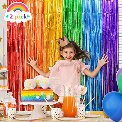 LOLStar Rainbow Party Decorations, 2 Pack 3.3x6.6ft Pride Decorations, Cartoon Birthday Decor Foil Fringe Curtains Rainbow Theme Backdrop, Streamers Photobooth Prop for Happy Kindergarten Graduation - size: 2 PACK