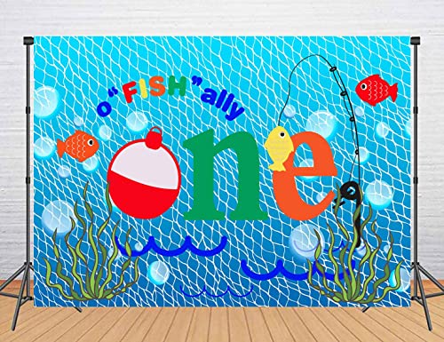 Gone Fishing 1st Birthday Party Photography Backdrop, 5X3FT, O Fish Ally Blue Fishing Nets Bubbles Background, Photo Booth Studio Props RBJYYLU79 - size: polyester microfiber fabric-5x3ft