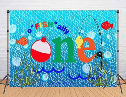 Gone Fishing 1st Birthday Party Photography Backdrop, 5X3FT, O Fish Ally Blue Fishing Nets Bubbles Background, Photo Booth Studio Props RBJYYLU79 - size: polyester microfiber fabric-5x3ft