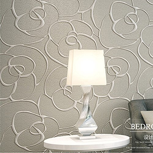 Q QIHANG Modern Minimalist Embossed 3D Rose Flower Non-Woven Non-Self Adhesive Wallpaper Cream&Gray Color 0.53m(1.738' W) x 10m(32.8' L)=5.3㎡(57 sq.ft) - color: Cream Gray