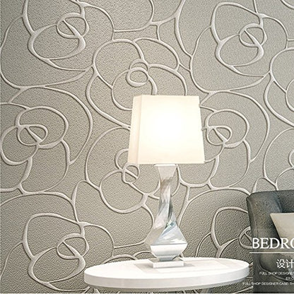 Q QIHANG Modern Minimalist Embossed 3D Rose Flower Non-Woven Non-Self Adhesive Wallpaper Cream&Gray Color 0.53m(1.738' W) x 10m(32.8' L)=5.3㎡(57 sq.ft) - color: Cream Gray