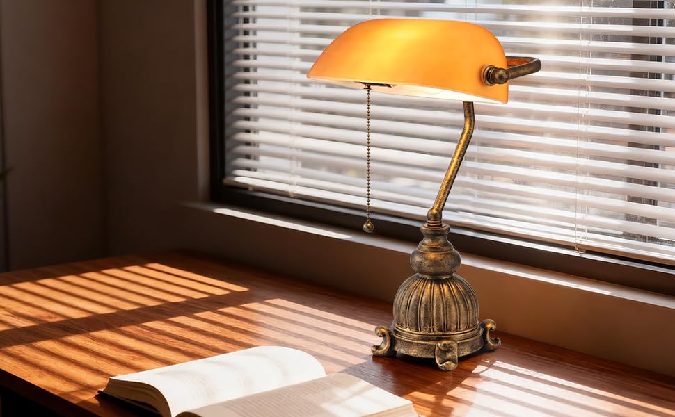 Retro Amber Glass Bankers Desk Lamp with Pull Chain Switch for Home Office, Library, Plug in Fixture, LED Bulb Included - color: Antique+Amber1