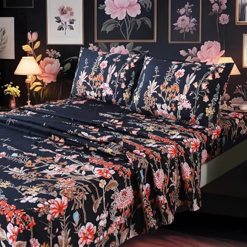 MAG 4Pcs Floral Full Size Sheet Sets,Pink Vintage Bedding Sheet Set,Boho Flower Pattern Bed Sheets Included 1 Fitted Sheet 14'' Deep Pocket + 1 Flat Sheet + 2 Pillowcases,Breathable and Wrinkle. - color: Floral, size: Full