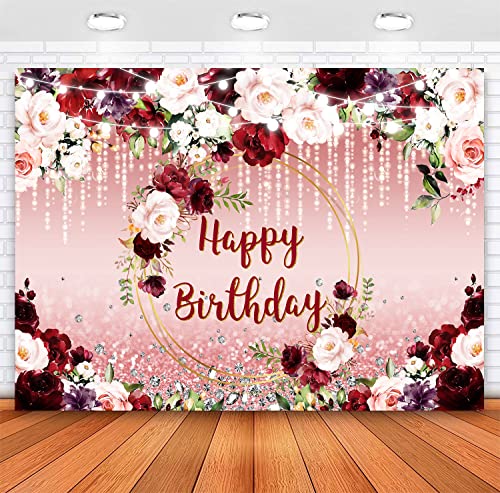 Sensfun Floral Happy Birthday Backdrop Burgundy Flowers Rose Gold Glitter Bokeh Spots Photo Background Vinyl Women Birthday Party Cake Table Decorations Photoshoot Banner (7x5ft) - size: 7x5ft