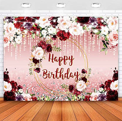 Sensfun Floral Happy Birthday Backdrop Burgundy Flowers Rose Gold Glitter Bokeh Spots Photo Background Vinyl Women Birthday Party Cake Table Decorations Photoshoot Banner (10x6.5ft) - size: 10x6.5ft
