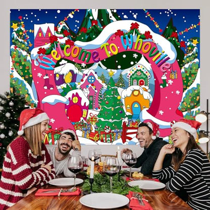 Welcome to Whoville Backdrop Winter Christmas Village Photography Background for Kids First Birthday Baby Shower Happy New Year Xmas Holiday Party Decoration Supplies Photo Props (10x6FT) - size: 10x6FT