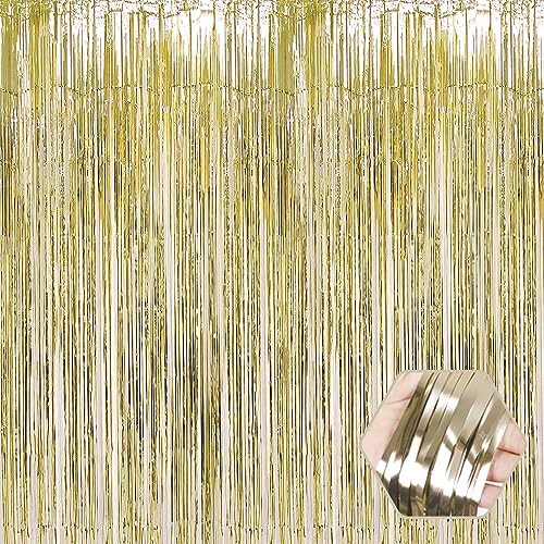 6 Pack Light Gold Foil Fringe Curtain Backdrop, 3.28Ft x 6.6Ft Metallic Tinsel Foil Fringe Streamer Curtains for Photo Booth, Christmas Day, Thanksgiving, Wedding, New Year Party Decorations - color: Light Gold