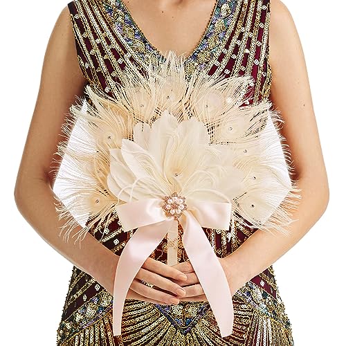 BABEYOND Vintage Bridal Feather Bouquet 1920s Ostrich Feather Fan Crystal Bridesmaid Bouquet 20s Gatsby Wedding Bouquet Flapper Accessories (Champagne) - color: Champagne