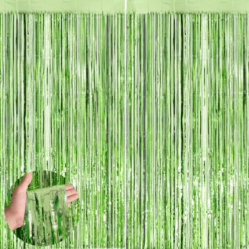 Light Green Metallic Tinsel Foil Fringe Curtains, 2 Pack 3.3x8.3 Feet Party Streamer for Birthday Party Decorations, Halloween Decor, Foil Curtain for Christmas Party - color: Light Green, size: 2 Pack