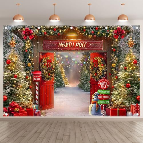 12x8ft Fabric Christmas Backdrop Winter Forest Wooden Barn Door North Pole Snowy Xmas Tree Photography Background Family Holiday Party Decor Photo Props - size: 12'x8'