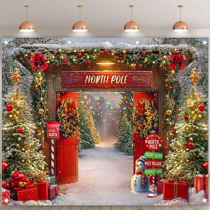 10x8ft Fabric Christmas Backdrop Winter Forest Wooden Barn Door North Pole Snowy Xmas Tree Photography Background Family Holiday Party Decor Photo Props - size: 10'x8'