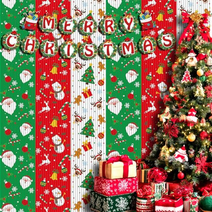 OQOQ Christmas Party Decor Backdrops Kit, 2 Pcs Red Green White Tinsel Foil Fringe Curtains & 1 Set Paper Banner, Large Christmas Photo Booth Props Friendmas Party Supplies - color: Green Red White Christmas