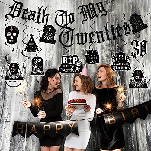 Death to My 20s Decorations - 14pcs Black 30th Birthday Party Decorations Banner Hanging Swirls Rip to My 20s Birthday Decor Party Ceiling Supplies Women Men Funeral for My Youth Party Decor - style: Death to My 20s