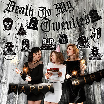 Death to My 20s Decorations - 14pcs Black 30th Birthday Party Decorations Banner Hanging Swirls Rip to My 20s Birthday Decor Party Ceiling Supplies Women Men Funeral for My Youth Party Decor - style: Death to My 20s