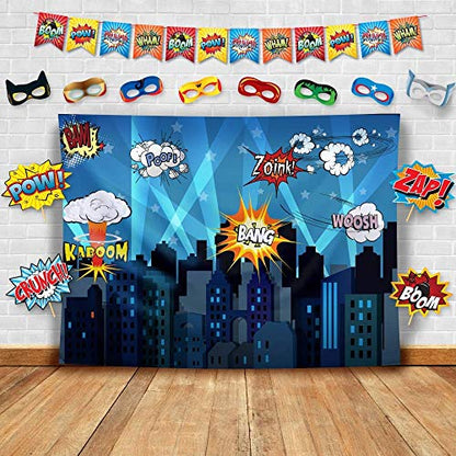 Superheroes Theme Party Photography Backdrop with Prop, Flag & Mask. Super Hero Cityscape Photo Booth Background for Kids Party, Birthday Wall Decorations - size: 4.5*6.1 feet