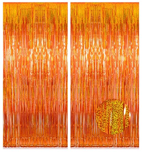 Melsan Orange Tinsel Backdrop Curtains, 3.2ft x 8.2ft Sparkle Metallic Foil Fringe Curtain for Basketball Thanksgiving Halloween Birthday Party Decorations, 2 Packs - color: Orange