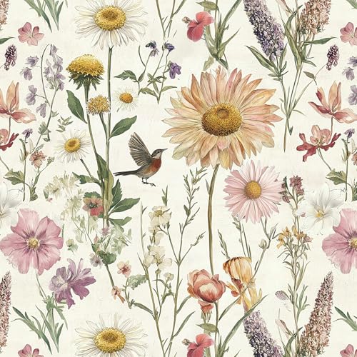 Livebor Floral Peel and Stick Wallpaper Floral Bird Contact Paper 16.9inch x 393.7inch Vintage Flower Wallpaper Peel and Stick Self Adhesive Flower Contact Paper Botanical Decor for Bathroom Vinyl - color: A-Floral, size: 16.9" x 393.7"