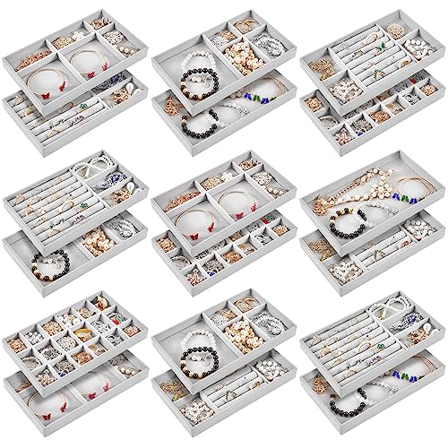 Junkin 18 Pcs Velvet Jewelry Tray, Stackable Jewelry Organizer Trays for Drawer, Jewellery Box Divided Display Tray, Jewelry Inserts for Drawer for Rings Earring Bangle Necklaces(Gray) - color: Gray