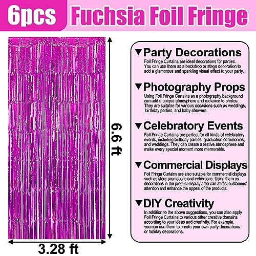 6 Pack Rose Red Foil Fringe Curtain Backdrop, 3.28Ft x 6.6Ft Metallic Tinsel Foil Fringe Streamer Curtains for Photo Booth, Christmas Day, Thanksgiving, Wedding, New Year Party Decorations - color: Fuchsia