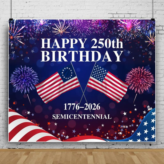 4th of July Backdrop Decorations Independence Day Backdrop 250 Anniversary USA Flag Banner 8x8ft 250th Birthday Fireworks Semiquincentennial Photography Background Photo Studio Props - color: Blue and Red, size: 8x8ft