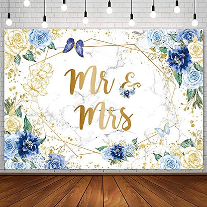AIBIIN 7x5ft Mr and Mrs Floral Marble Backdrop for Bridal Shower Blue Flowers Butterfly Photography Background Gold Geometric Couple Wedding Party Decorations Bride to Be Engagement Banner Props