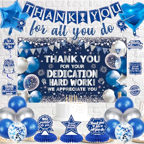 Vlipoeasn We Appreciate You Banner Decorations, Blue Silver Thank You for All You Do Backdrop Banner Honeycomb Centerpieces, Retirement Office Decor Staff Teachers Professors Doctor Nurses - style: Bue Silver