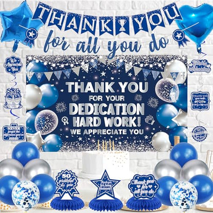 Vlipoeasn We Appreciate You Banner Decorations, Blue Silver Thank You for All You Do Backdrop Banner Honeycomb Centerpieces, Retirement Office Decor Staff Teachers Professors Doctor Nurses - style: Bue Silver