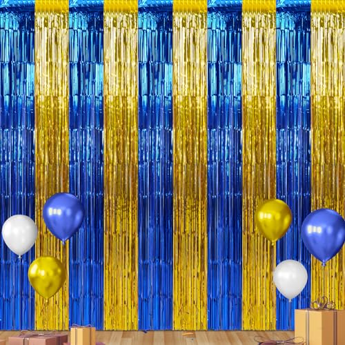 6 Pack 3.3Ft x 6.6Ft Graduation Foil Fringe Curtain Backdrop Decorations, Blue Gold Metallic Tinsel Foil Streamers Curtain Photo Booth Background for Graduation Prom Wedding Birthday Party Decorations - color: Blue Gold