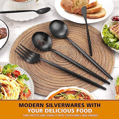 Matte Black Serving Set，Oliviola 5-Piece Stainless Steel Large Hostess Set with Round Edge, Satin Finished, Dishwasher Safe -Large Spoon, Large Fork,Butter Knife，Sugar Spoon & Slotted Spoon - color: Black, size: 5-piece