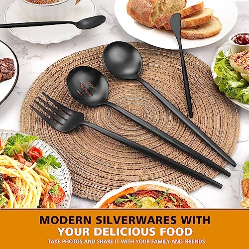 Matte Black Serving Set，Oliviola 5-Piece Stainless Steel Large Hostess Set with Round Edge, Satin Finished, Dishwasher Safe -Large Spoon, Large Fork,Butter Knife，Sugar Spoon & Slotted Spoon - color: Black, size: 5-piece
