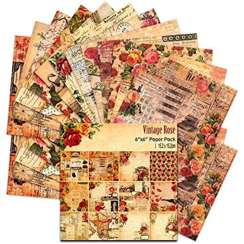 BLEDS Scrapbook Paper, 24 Sheets Vintage Rose Scrapbooking Paper 6x6 With 12 Different Designs Scrapbooking Supplies Single-Side Printing for Cardmaking Junk Journal Decorative Cardstock Background - color: 6x6 Vintage Rose