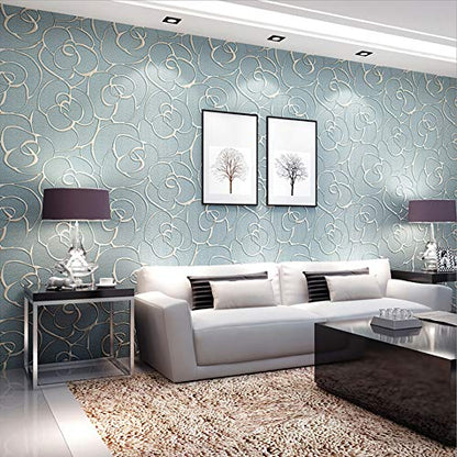 Q QIHANG Modern Minimalist Embossed 3D Rose Flower Non-Woven Wallpaper Light Blue Color Non-self Adhesive Wallpaper 0.53m x 10m=5.3㎡ - color: Light Blue