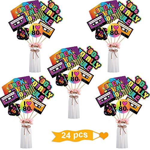 24 Pieces 80's Party Decorations 1980's Retro Centerpiece Sticks Back to 80s Hip Hop or Birthday Theme Party Centerpiece Sticks Table Toppers Photo Booth Props