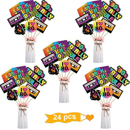 24 Pieces 80's Party Decorations 1980's Retro Centerpiece Sticks Back to 80s Hip Hop or Birthday Theme Party Centerpiece Sticks Table Toppers Photo Booth Props