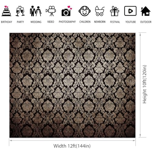12x10ft European Classic Textured Backdrop Black and Gold Victorian Damask Photography Background Birthday Party Baby Shower Bedroom Decorations Banner Kids Adults Portrait Supplies - size: 12x10ft