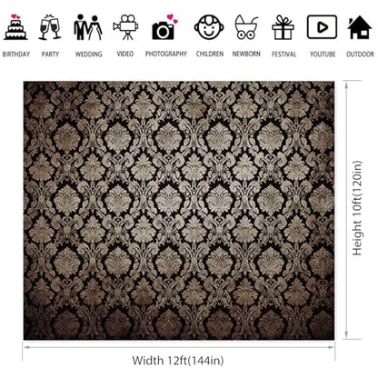 12x10ft European Classic Textured Backdrop Black and Gold Victorian Damask Photography Background Birthday Party Baby Shower Bedroom Decorations Banner Kids Adults Portrait Supplies - size: 12x10ft