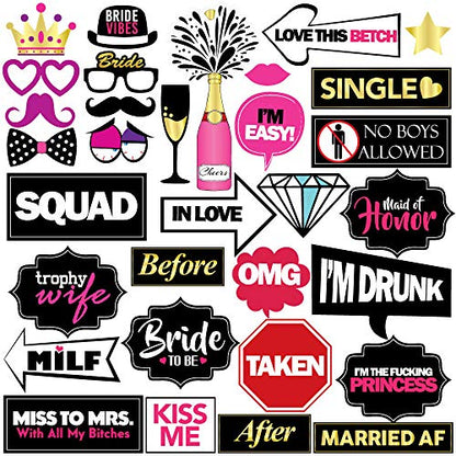 Bachelorette Photo Booth Props - 36 Pieces - Bride Tribe Bridal Shower Party Supplies and Gifts