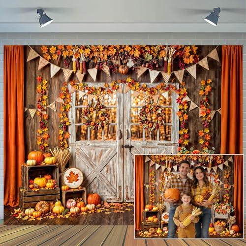 5 x 3 ft Fall Backdrop Rustic Barn Door Maple Leaves Pumpkin Wall Harvest Background Autumn Thanksgiving Harvest Friendsgiving & Birthday Party Decorations - color: Multi10, size: 5x3ft