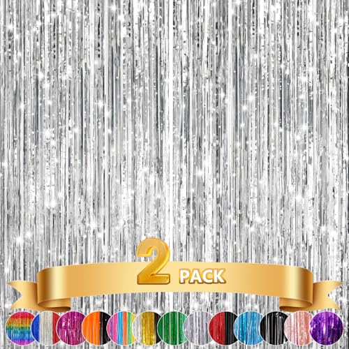 2Pack Silver Metallic Tinsel Foil Fringe Curtains, Door Streamer Photo Booth Backdrop for Birthday Wedding, Graduation Engagement Bridal Baby Shower Bachelorette Party Decorations Dancing Ball Party - color: Laser Silver