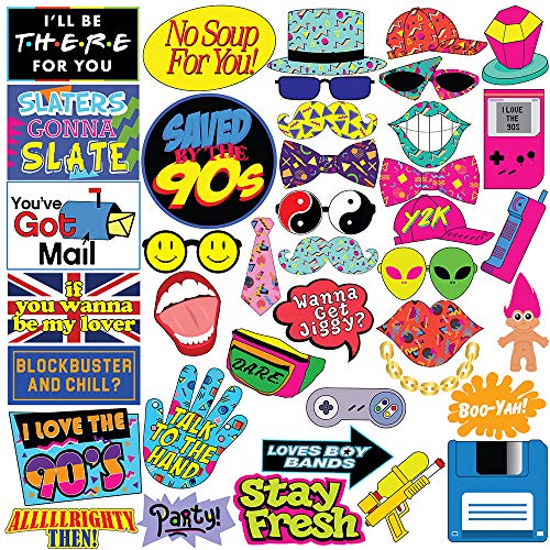Throwback 90s Photo Booth Props - 40 Pieces - Funny 1990s Theme Party Supplies, Decorations and Gifts