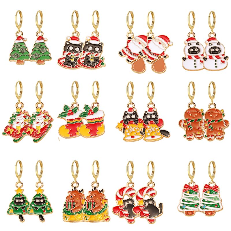 16 Pairs Christmas Reindeer Santa Hoop Earrings for Women Unique Winter Xmas Tree Snowflake Bow Bell Snowman Penguin Earrings Christmas New Year Jewelry Gifts - style: Color xmas
