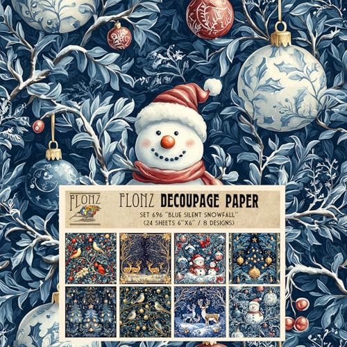 Decoupage Paper Pack (24 Sheets 6"x6") Blue Silent Snowfall ~ Classic Holiday Illustrations in Blue with Deer, Birds, Snowmen and Trees in Vintage Folk Digital Style - color: Twelve