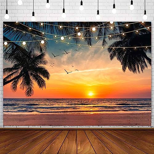 Sensfun Sea Beach Sunset Backdrop Hawaii Tropical Palm Trees Luau Party Photography Background Summer Seaside Vacation Wedding Birthday Baby Shower Party Decorations Banner Photo Booth Props 8x6ft - size: 8x6ft