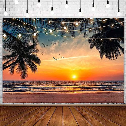 Sensfun Sea Beach Sunset Backdrop Hawaii Tropical Palm Trees Luau Party Photography Background Summer Seaside Vacation Wedding Birthday Baby Shower Party Decorations Banner Photo Booth Props 10x7ft - size: 10x7ft