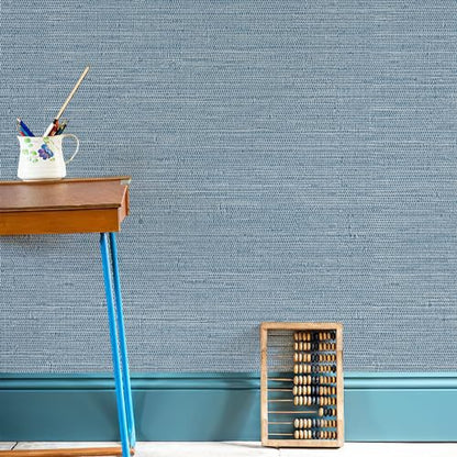 JiffDiff Grasscloth Wallpaper Peel and Stick 1181" x 17.3" Blue Cream Grassweave Stick on Wallpaper Textured Self Adhesive Wall Paper Contact Paper - color: Dark Blue, size: 17.3" x 1181"